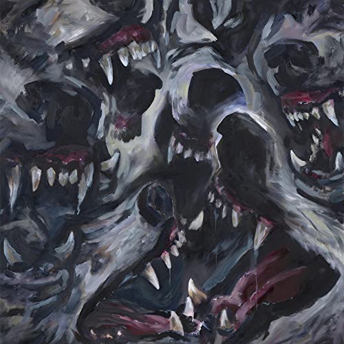 Dark, abstract painting of snarling bear heads with sharp teeth.