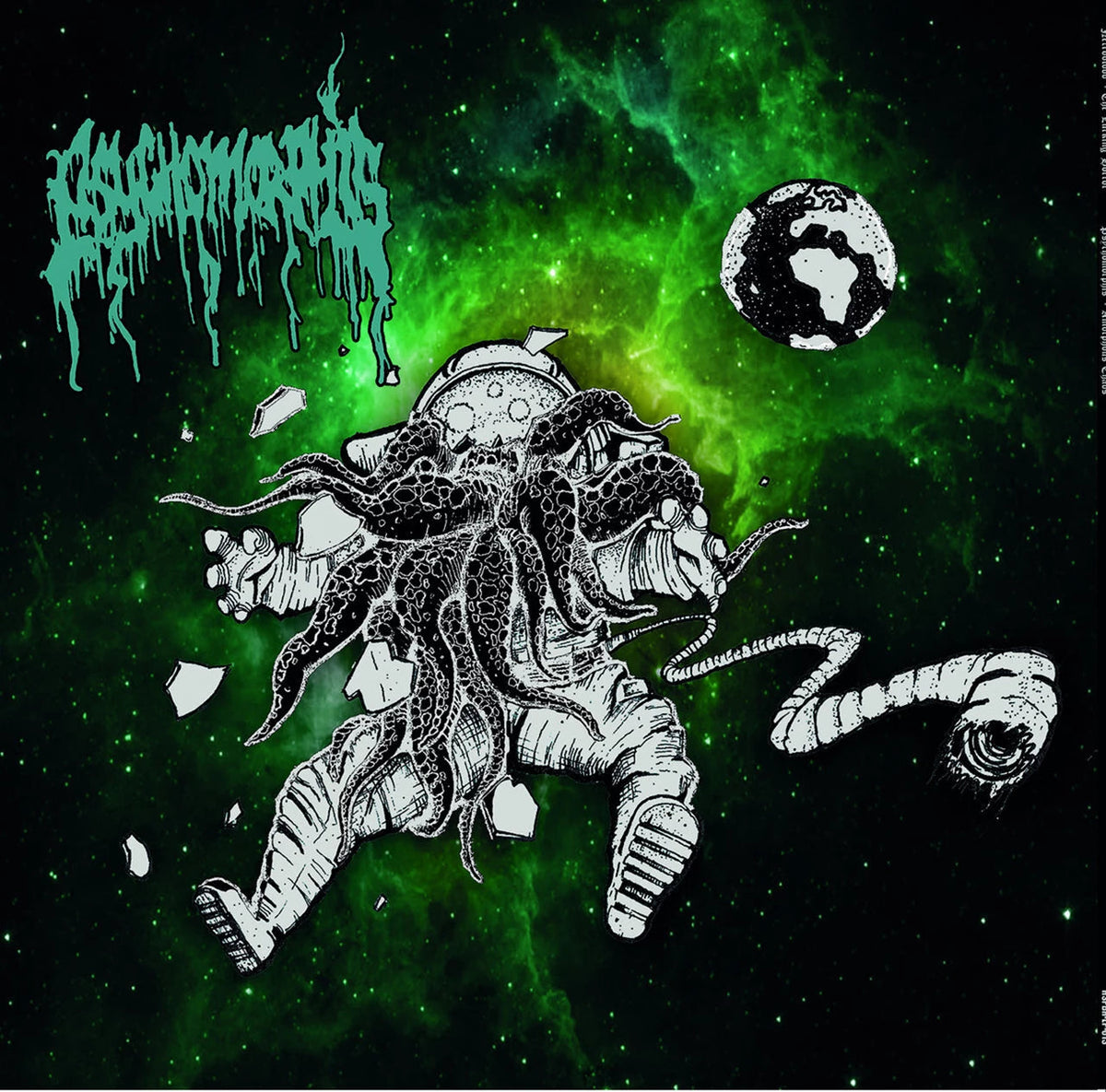 An astronaut with tentacles bursting from their helmet floating in green space.