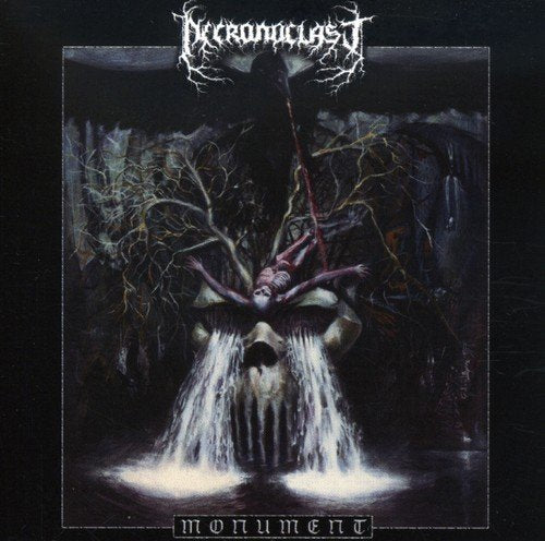 Dark album cover featuring a skull with flowing liquid and a suspended figure.