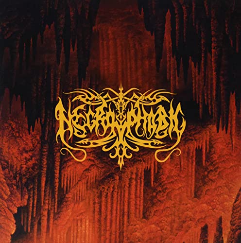 Yellow Necrophobic logo centered over a dark, orange-lit cavern with hanging stalactites.