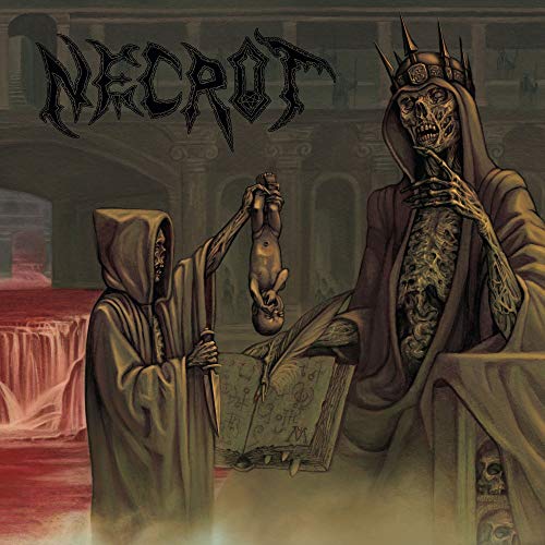 Album cover for Necrot’s “Blood Offerings” featuring skeletal figures and a ritual.