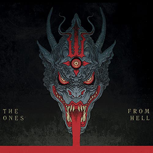 Demon head with red eyes and dripping tongue, album cover art.