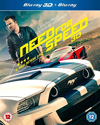 Need for Speed Blu-ray cover featuring Aaron Paul, a white Mustang, and a red supercar.