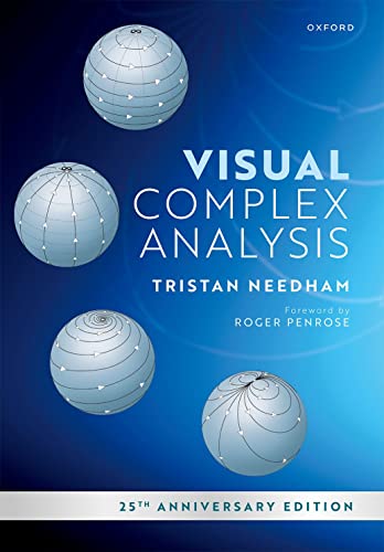 Book cover for Visual Complex Analysis by Tristan Needham featuring four spheres on blue.