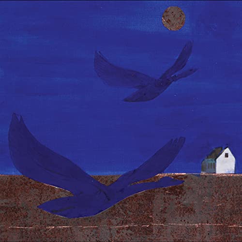 Blue and brown artwork depicting two birds in flight near a house.
