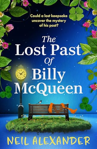 Book cover featuring a clock, bench, and greenery against a starry blue night sky.