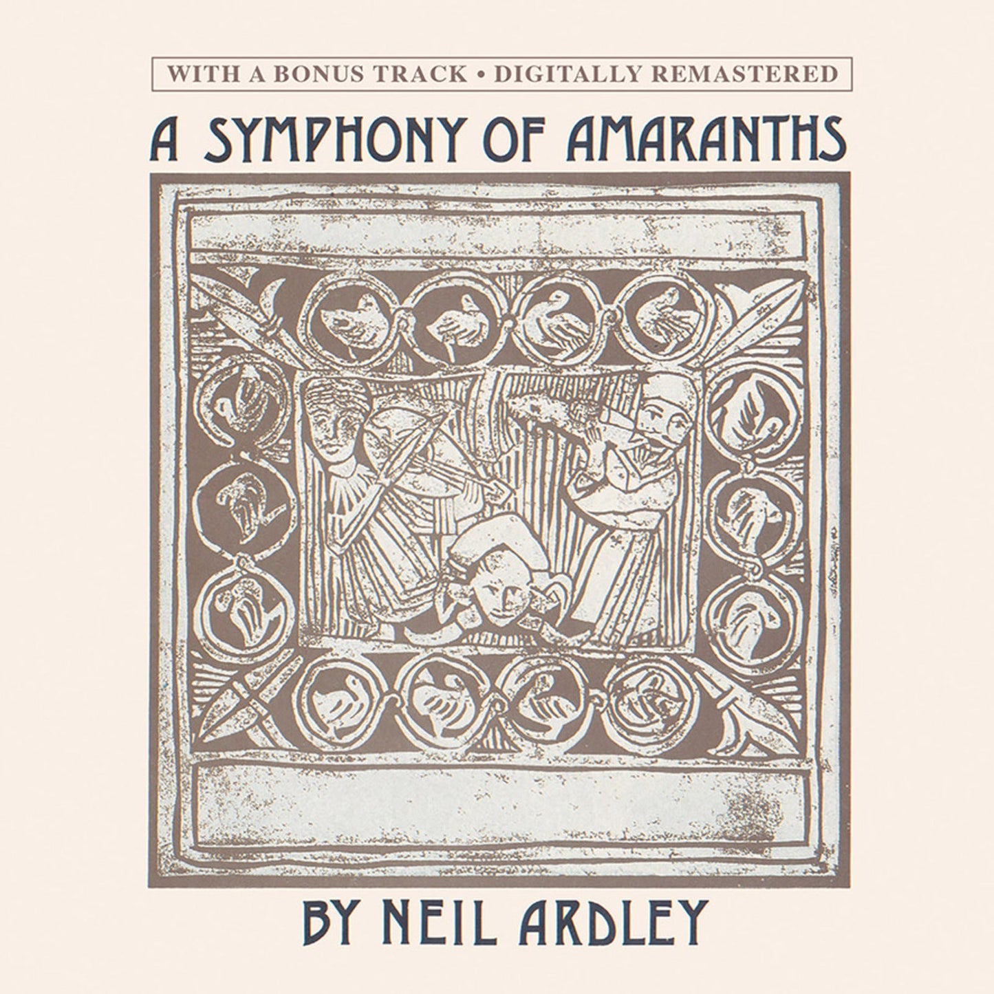 Album cover featuring a medieval-style woodcut illustration of figures and birds in a border.