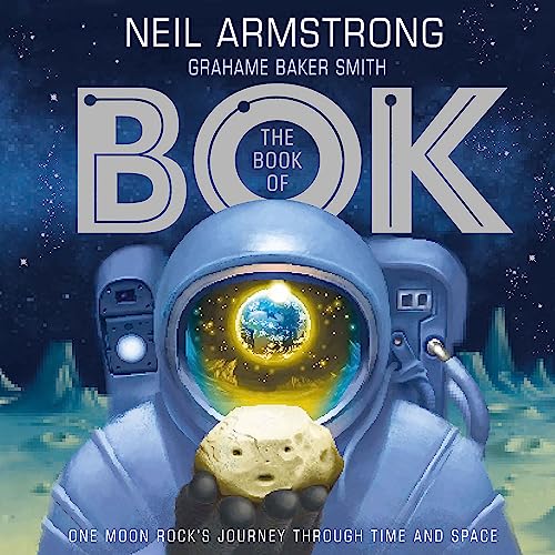 Book cover: astronaut helmet reflecting Earth, holding a moon rock.