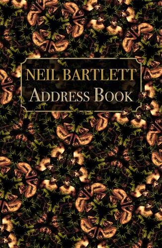 Black address book cover with repeating nude figure pattern and gold text.