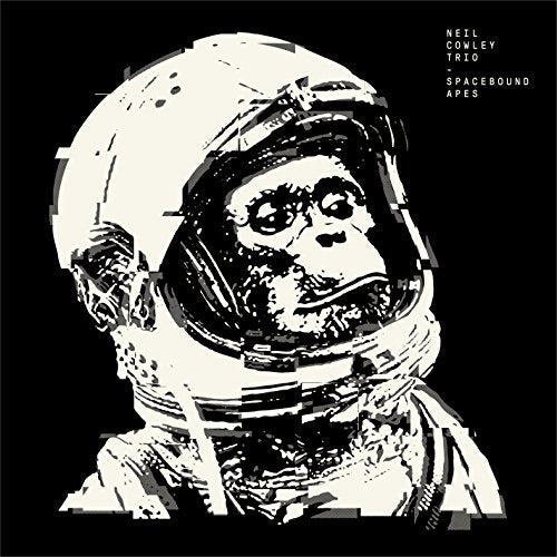 Monkey in a spacesuit, black and white album cover art.