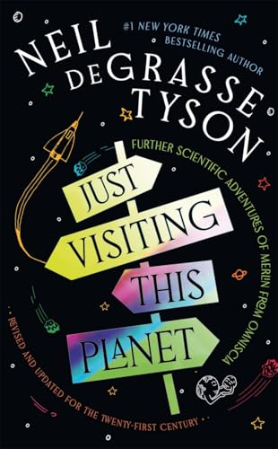Book cover with directional signs spelling "Just Visiting This Planet" and space imagery.