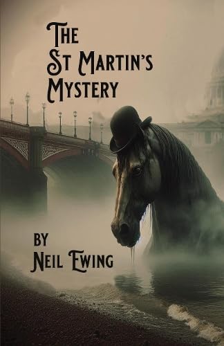 Book cover: horse with hat, bridge in foggy London scene.