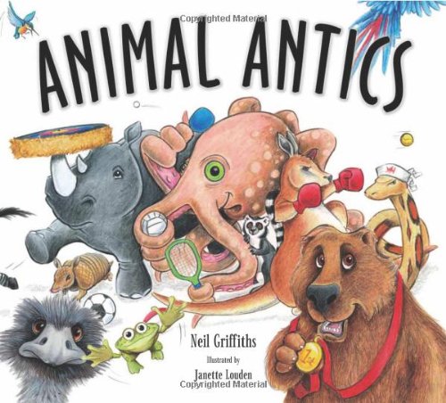 Book cover: colorful cartoon animals playfully engaged in sports activities.