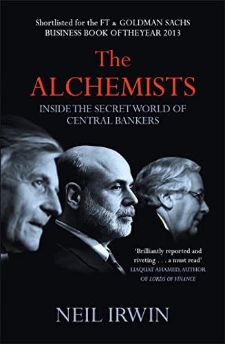 Book cover of The Alchemists by Neil Irwin featuring portraits of three central bankers.