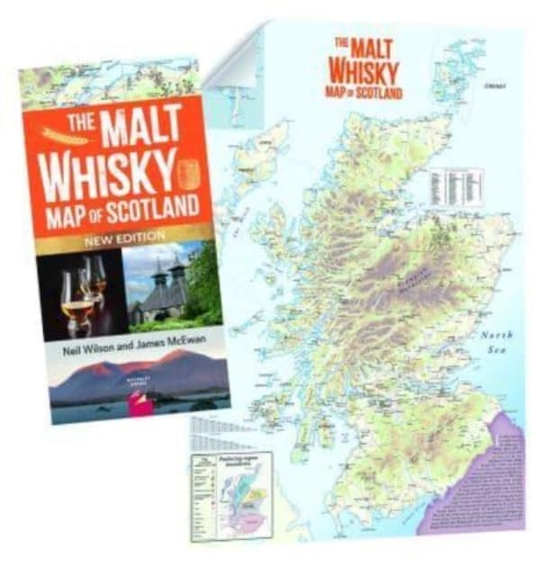 Folded map of Scotland highlighting malt whisky distilleries and regions.