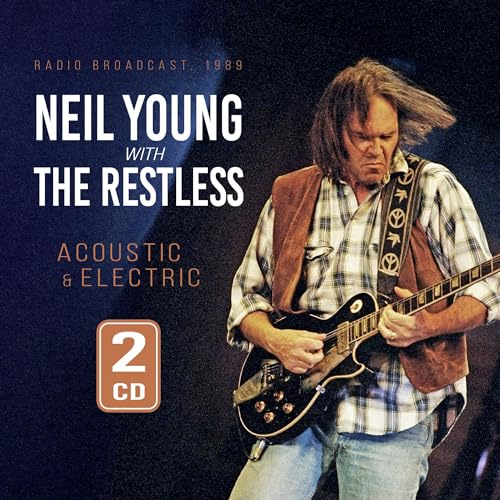 Neil Young playing a black electric guitar on CD cover art.