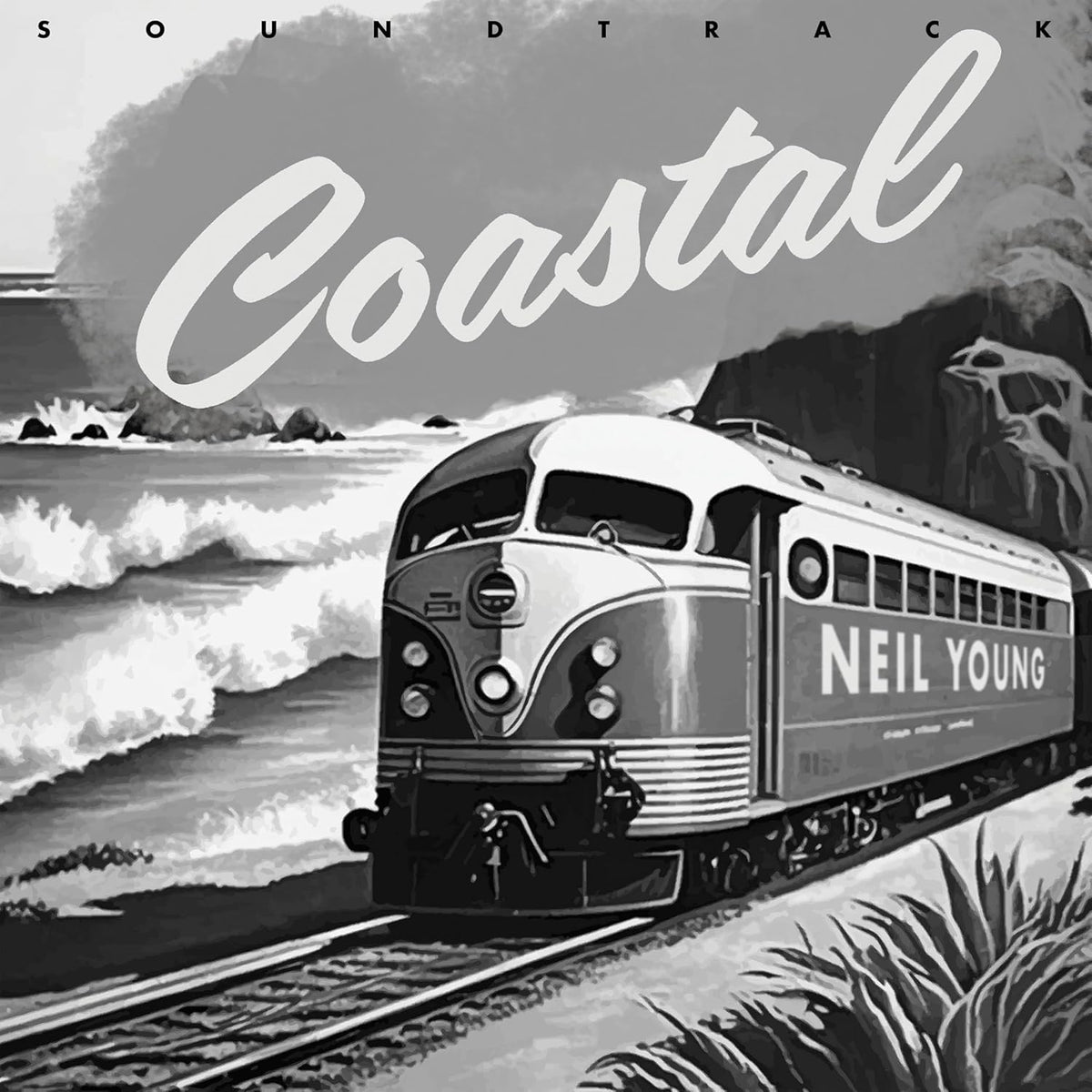 Black and white album cover featuring a train by the ocean, “Coastal” text.