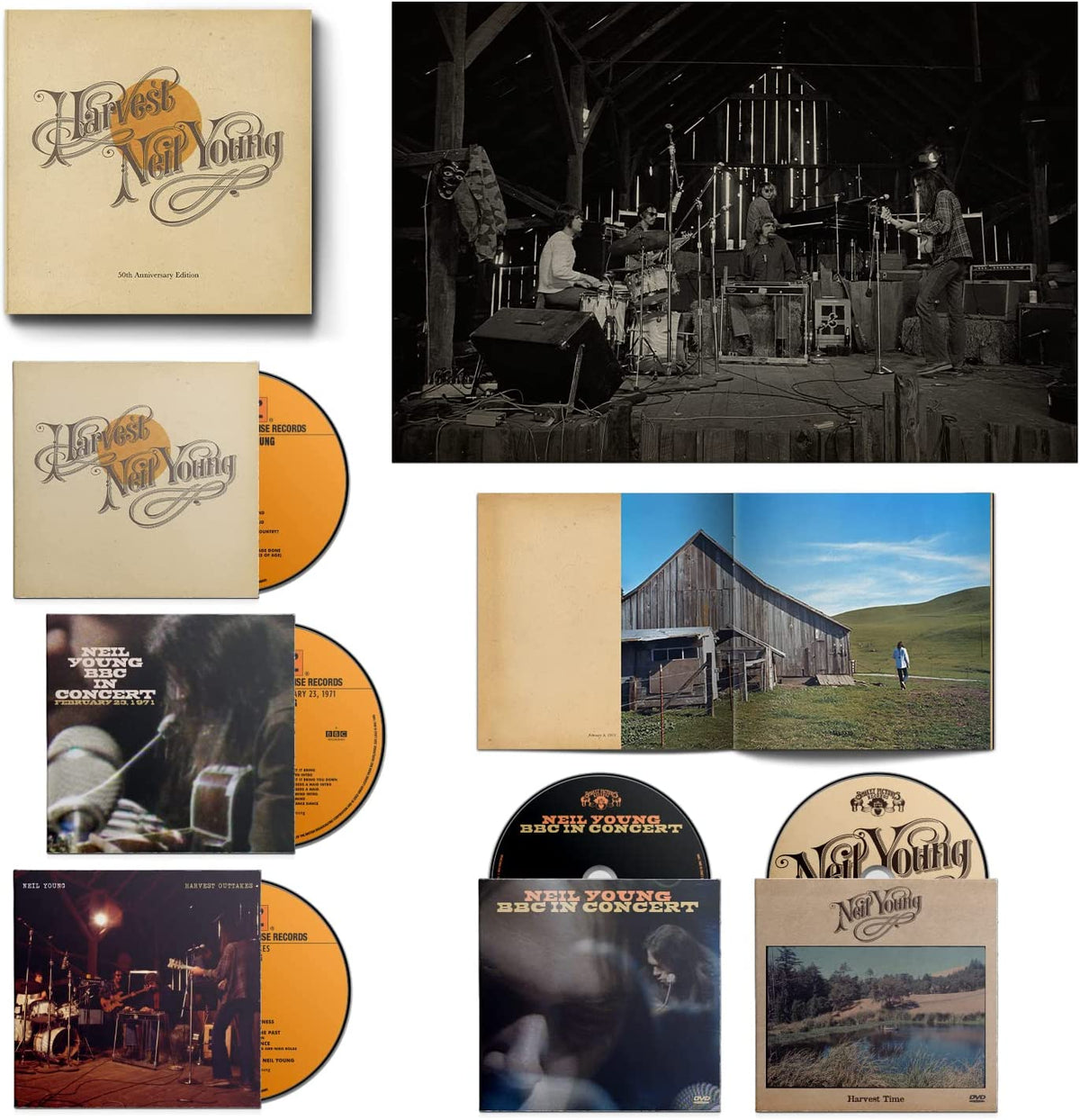 "Neil Young's 'Harvest' 50th Anniversary Edition box set with CDs, DVDs, and album artwork."