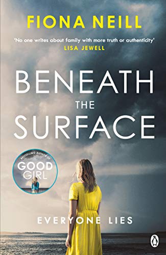 Book cover: woman in yellow facing stormy sea, title "Beneath the Surface".