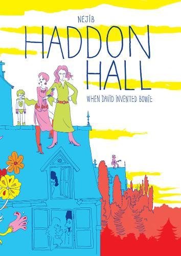 Graphic novel cover: figures on a blue house roof, yellow sky.