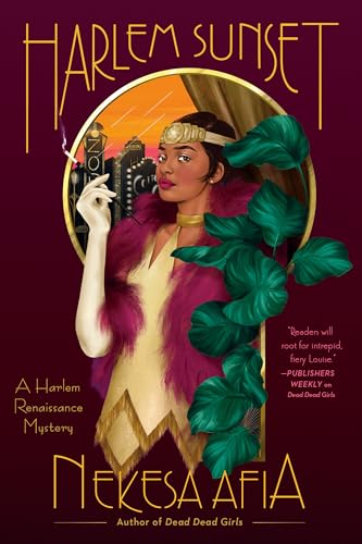 Book cover: woman in fur, city skyline, and leafy plants, titled "Harlem Sunset".