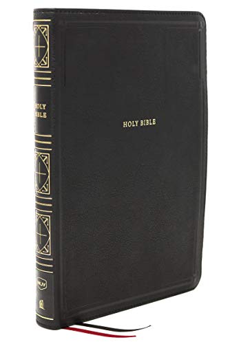 Black leather-look Bible with gold spine detailing and red ribbon markers.