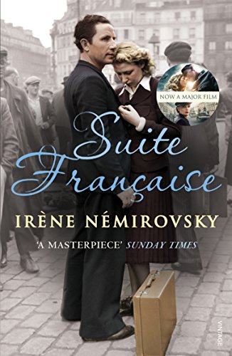 Book cover of "Suite Francaise" featuring a man and woman embracing on a cobblestone street.
