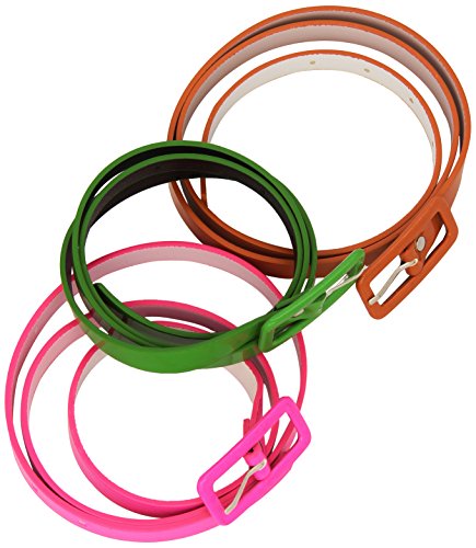 Four colorful plastic belts—orange, pink, green, and brown—arranged in overlapping circles.