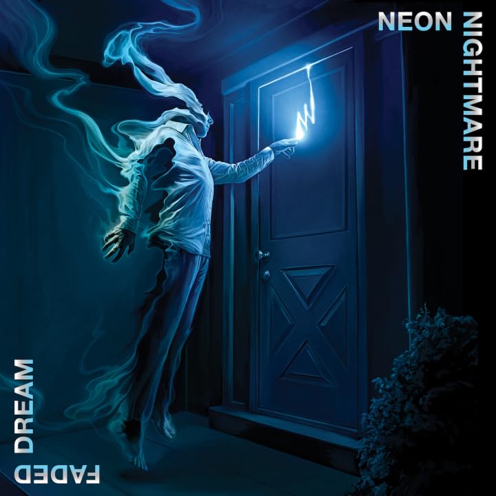Figure emerging from a glowing doorway, album art for "Neon Nightmare.