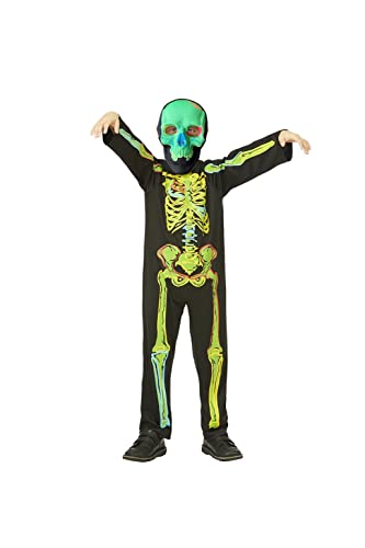 Child in a black costume with a neon green skeleton print.