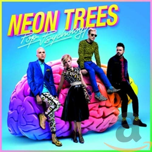 Neon Trees band members posed on a large, colorful brain illustration.