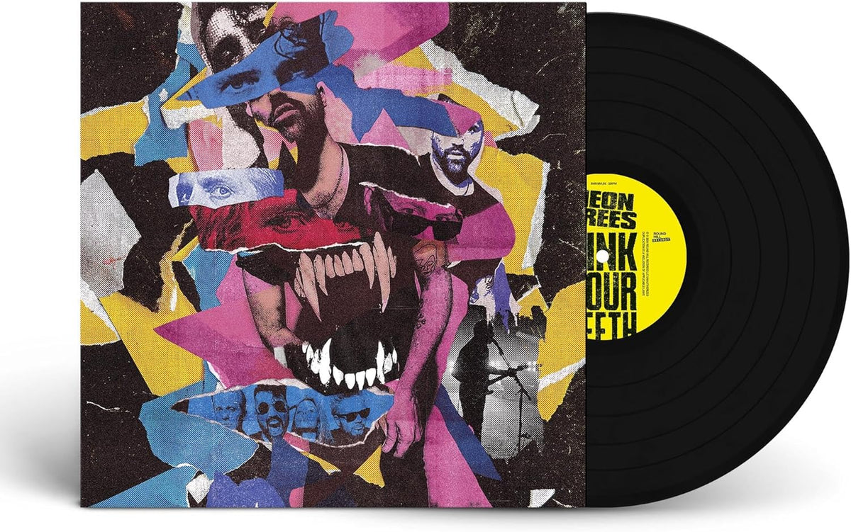 Vinyl record with collage cover featuring faces and animal teeth.
