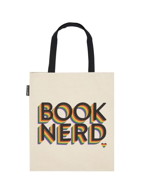 Cream tote bag with rainbow “BOOK NERD” text and a small heart.