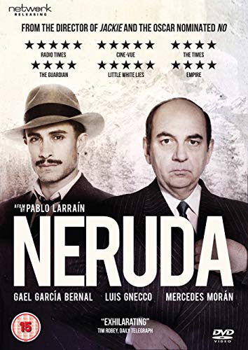 DVD cover for “Neruda” featuring two men in suits and hats.