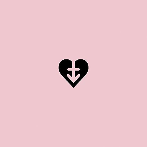Black broken heart with downward arrow on a pale pink background.