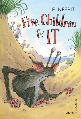 Book cover: children with a fantastical creature emerging from sand.