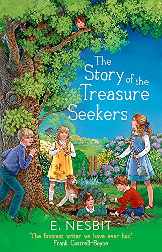 Book cover illustration showing five children and a dog digging in a garden.