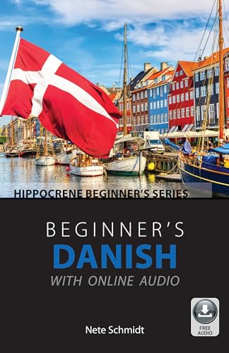 Danish language learning book cover with a waving Danish flag and harbor scene.