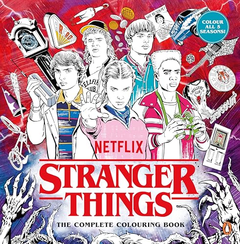 Stranger Things" colouring book cover with characters and iconic imagery.