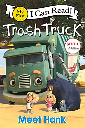 A green trash truck, a boy, a girl, a bear, and a raccoon outside.