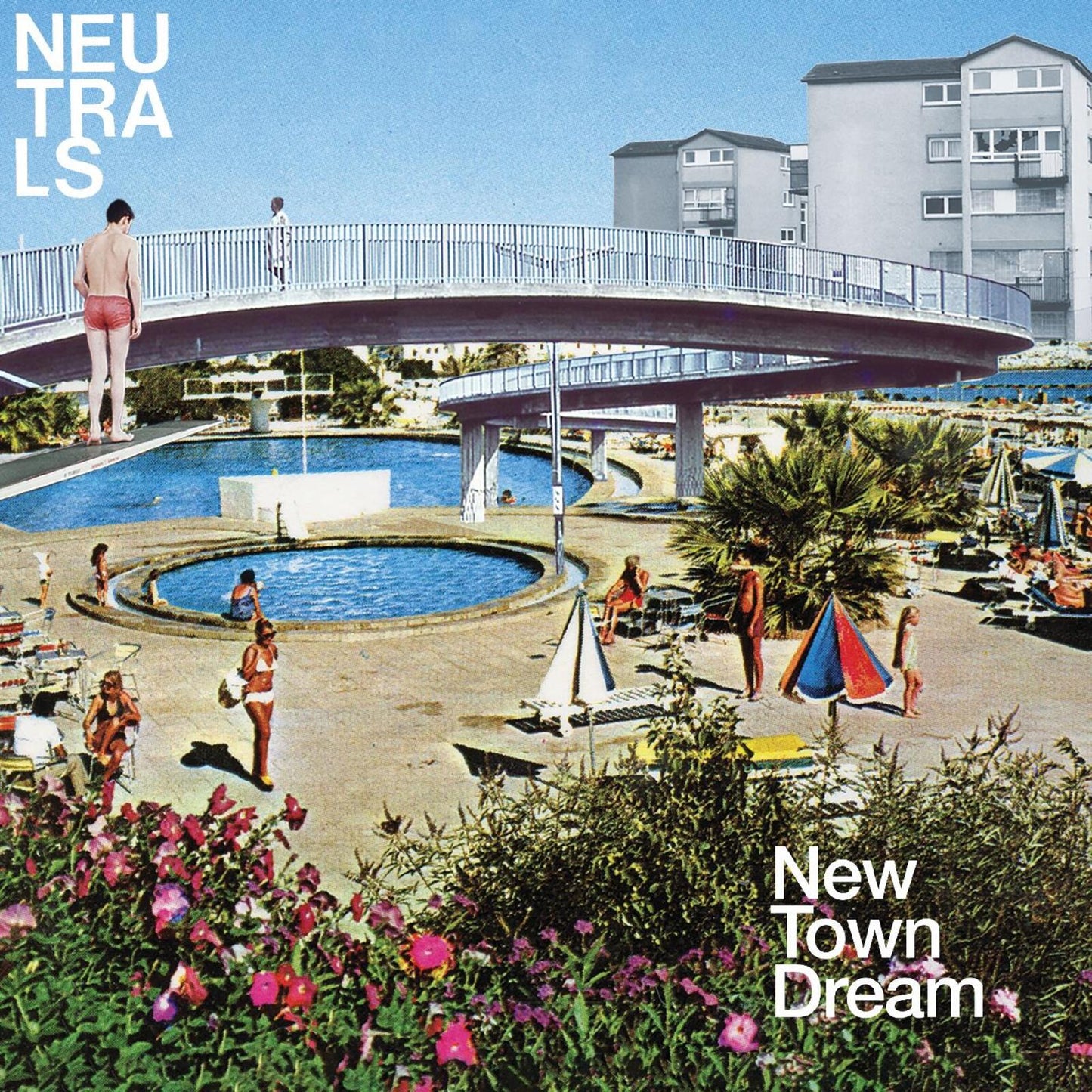 Album cover for “New Town Dream” featuring a poolside scene and bridge.