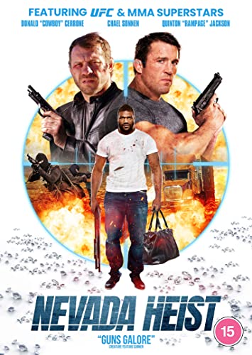 DVD cover for "Nevada Heist" featuring three men with guns and a duffel bag.