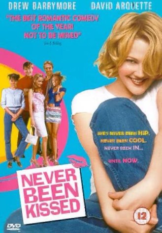 DVD cover for "Never Been Kissed" featuring Drew Barrymore smiling.
