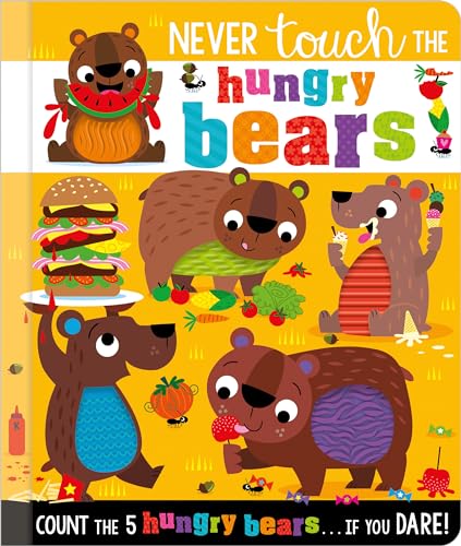Children's book cover featuring five cartoon bears eating various foods on a yellow background.