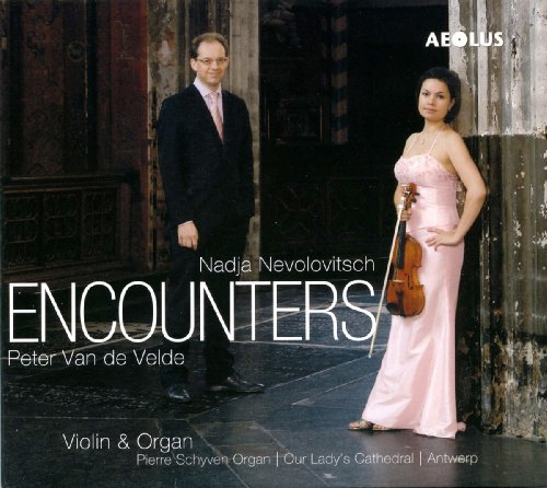 CD cover: violinist and organist portraits, "Encounters" title, cathedral backdrop.