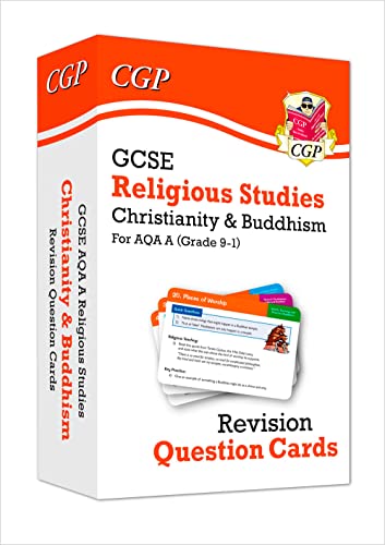 Orange box of GCSE Religious Studies revision question cards, Christianity & Buddhism.
