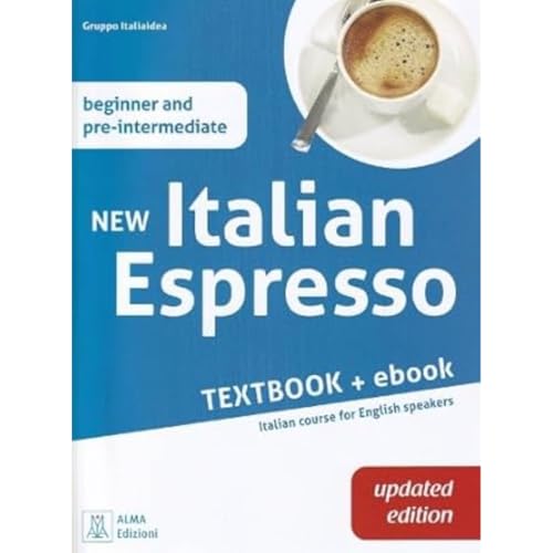 Blue Italian language textbook with espresso cup image, beginner level.