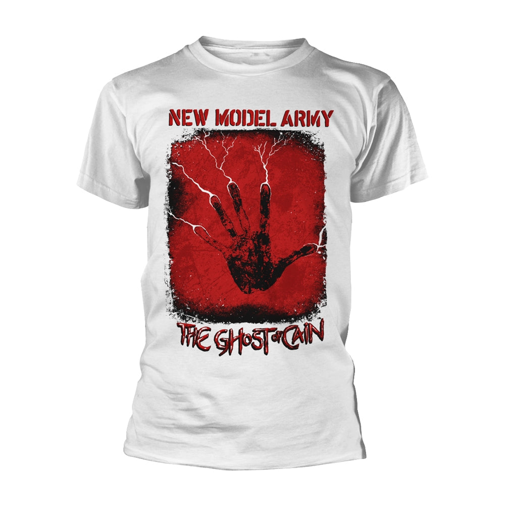 White t-shirt with red handprint and "NEW MODEL ARMY" text design.