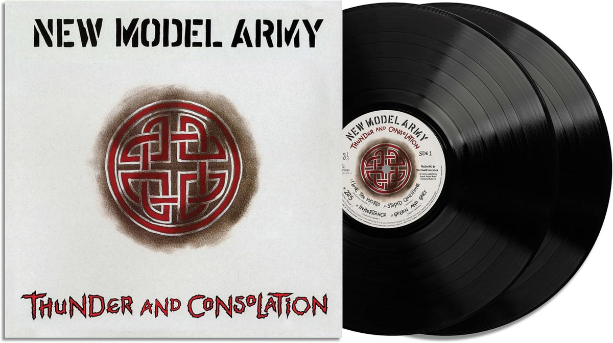 New Model Army’s “Thunder and Consolation” double vinyl record with Celtic knot design.