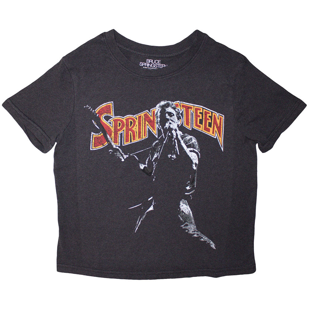 Black crop top featuring a graphic of Bruce Springsteen playing guitar with Springsteen text.